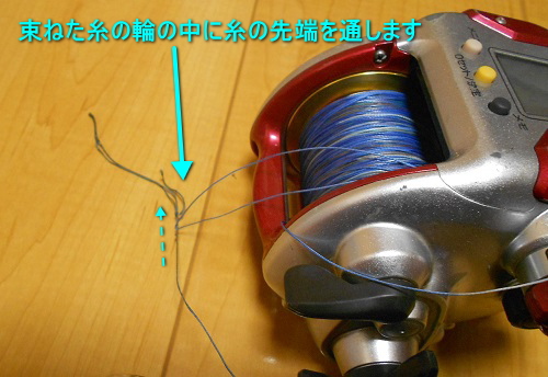 レベルワインダーに簡単に道糸を通す方法４：束ねたところに糸の先端を通す写真画像